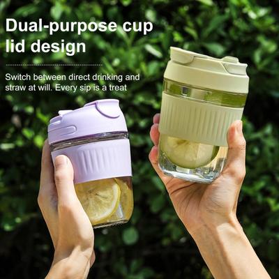 Tragbarer Glasbecher mit Silikonstrohhalm 350/500ml Auslaufsicher Wiederverwendbarer Kaffeebecher