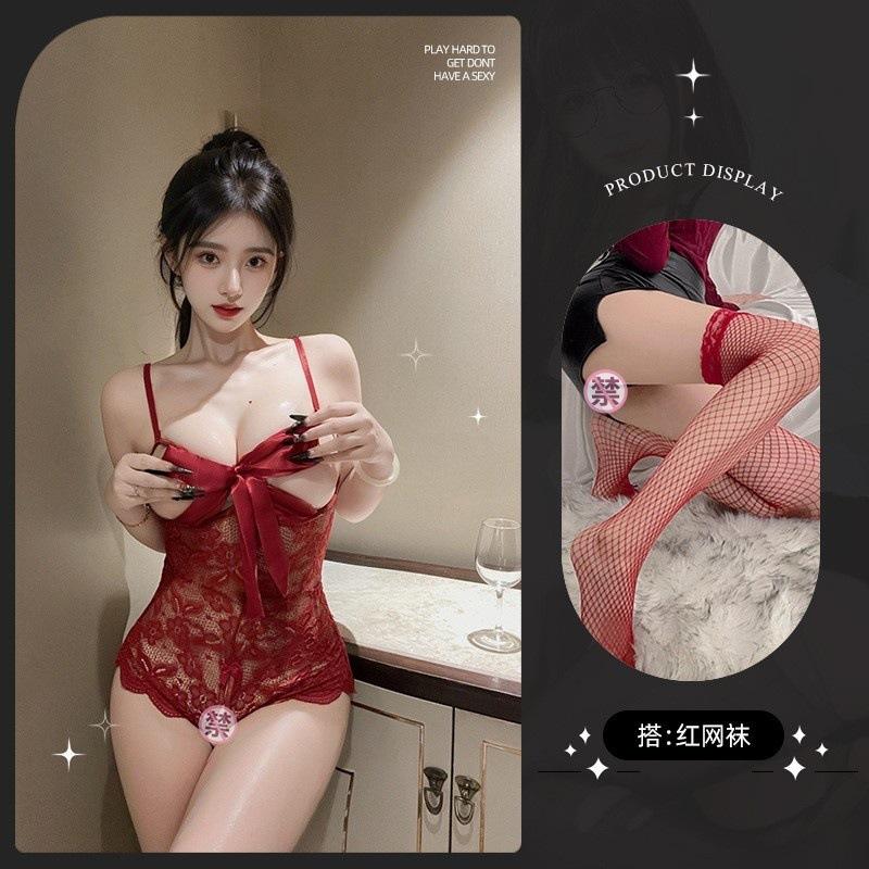 Sexy lingerie lace hollowed-out tights seductive small breasts show big open gear no-take-off onesie