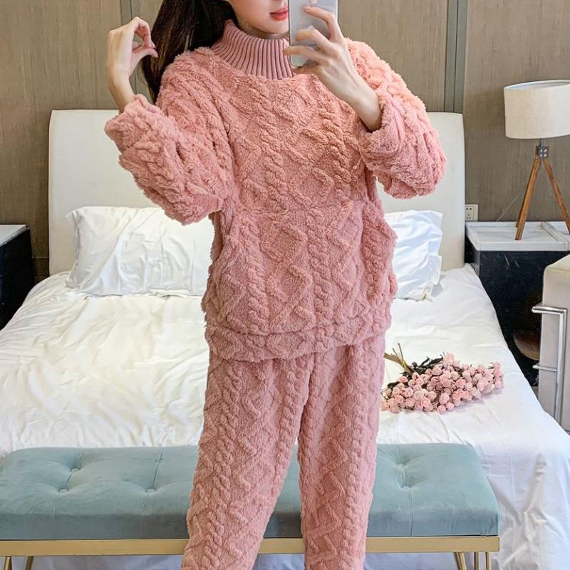 Women's Winter Warm Pajamas Sets Comfortable Long Sleeved Solid Color Jacquard Thickened Loose Fleece Pullover 2 Piece Sets