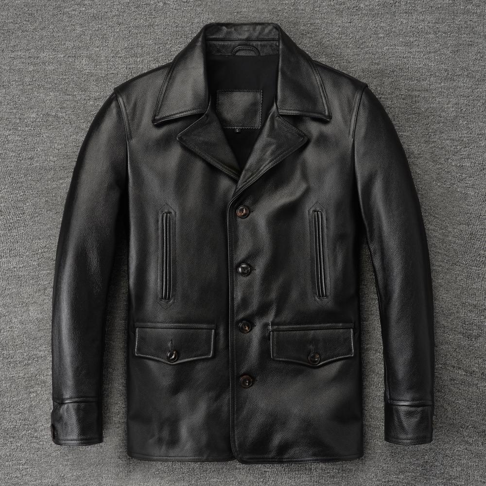 Casual Men Jacket Genuine Cow Leather Coat Black Real Cowhide Coat Slim Fit Spring Autumn