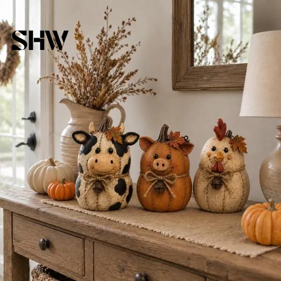 Thanksgiving Home Decor Ornaments Rustic Farmhouse Felt Animal Ornaments, Cute Cow/Pumpkin/Rooster Figurines, Decorative Handmade Animals Fall