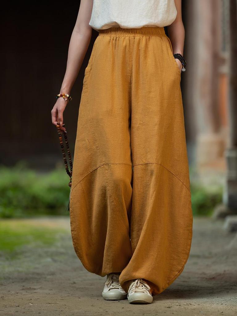 Women's Retro Ramie Sand-Washed Distressed Loose Lantern Pants for Meditation and Tai Chi