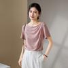 One collar vinegar fiber short sleeved T-shirt for women in 2026 summer, versatile and slimming, pleated waist cinching top