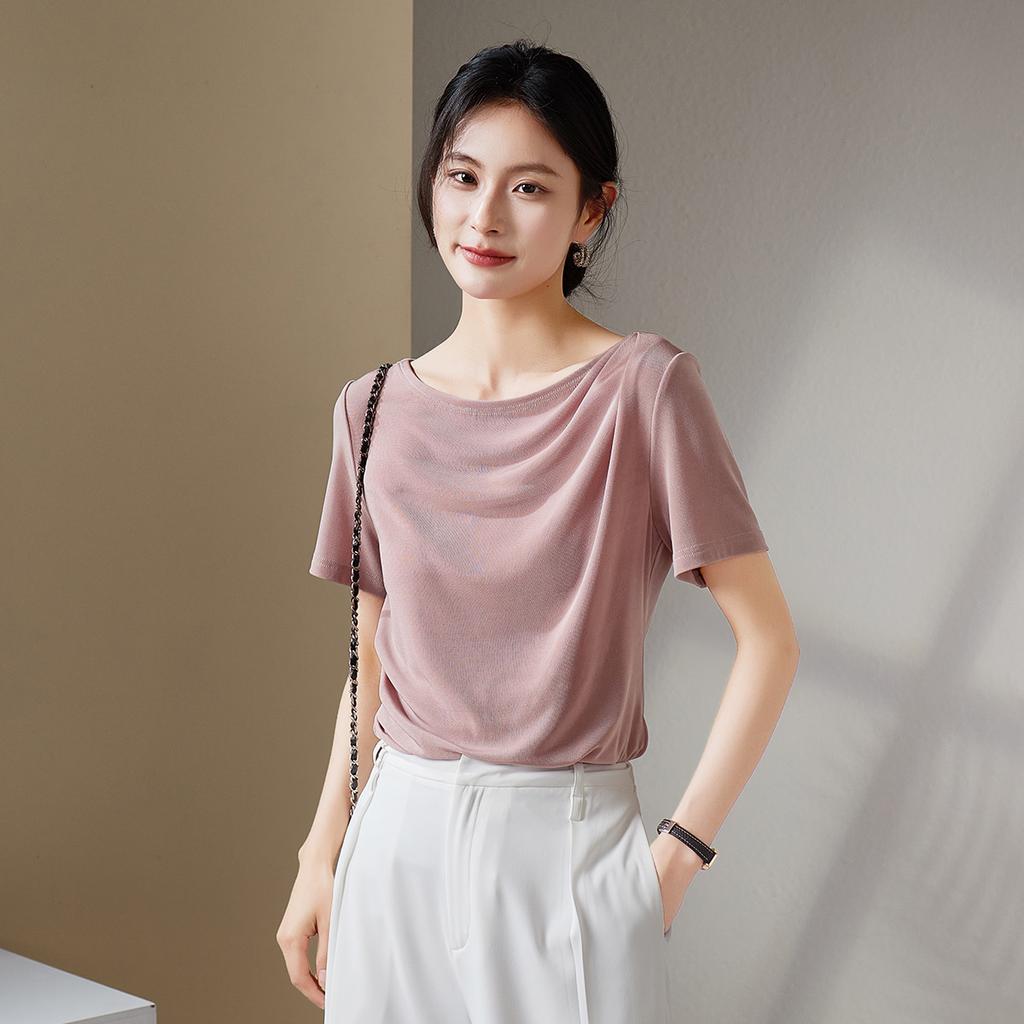 One collar vinegar fiber short sleeved T-shirt for women in 2026 summer, versatile and slimming, pleated waist cinching top