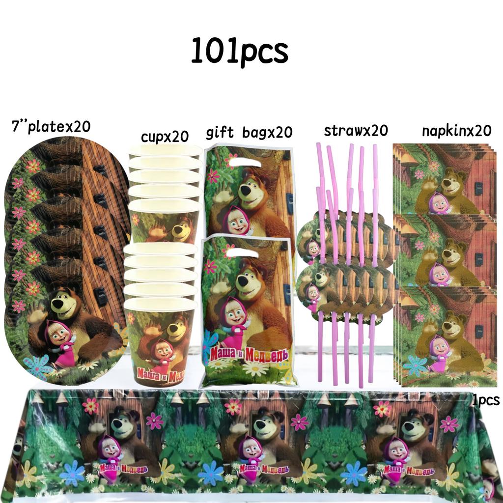 Dívka a medvěd Narozeninová sada Party dekorace Narozeninové talíře Ubrus Ubrousky Dárková taška Oslava pro miminko Party drobnosti Potřeby