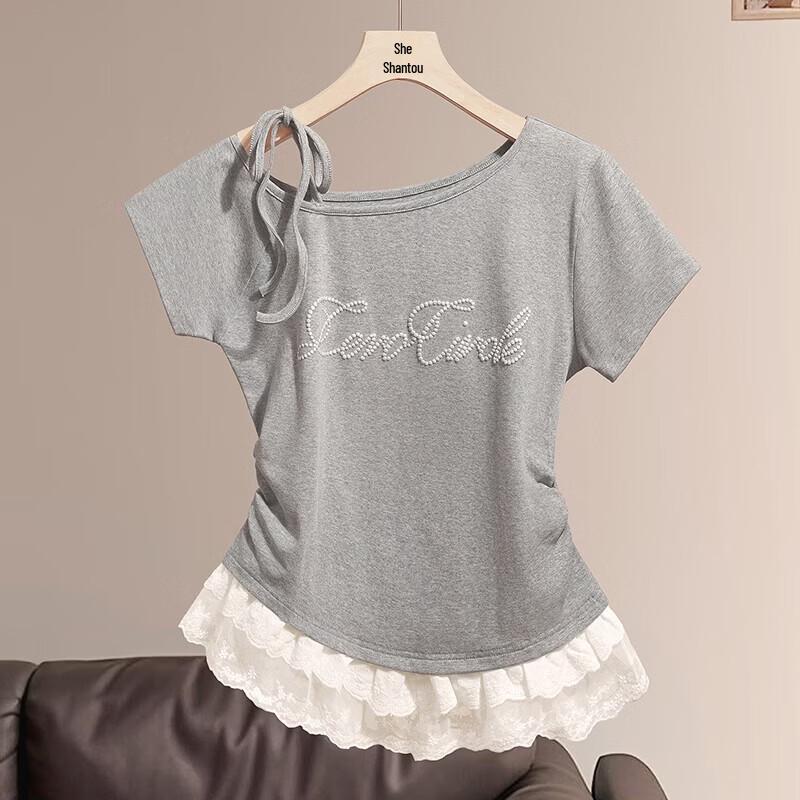 Women s Off-Shoulder Lace Hem Slim Fit T-Shirt L