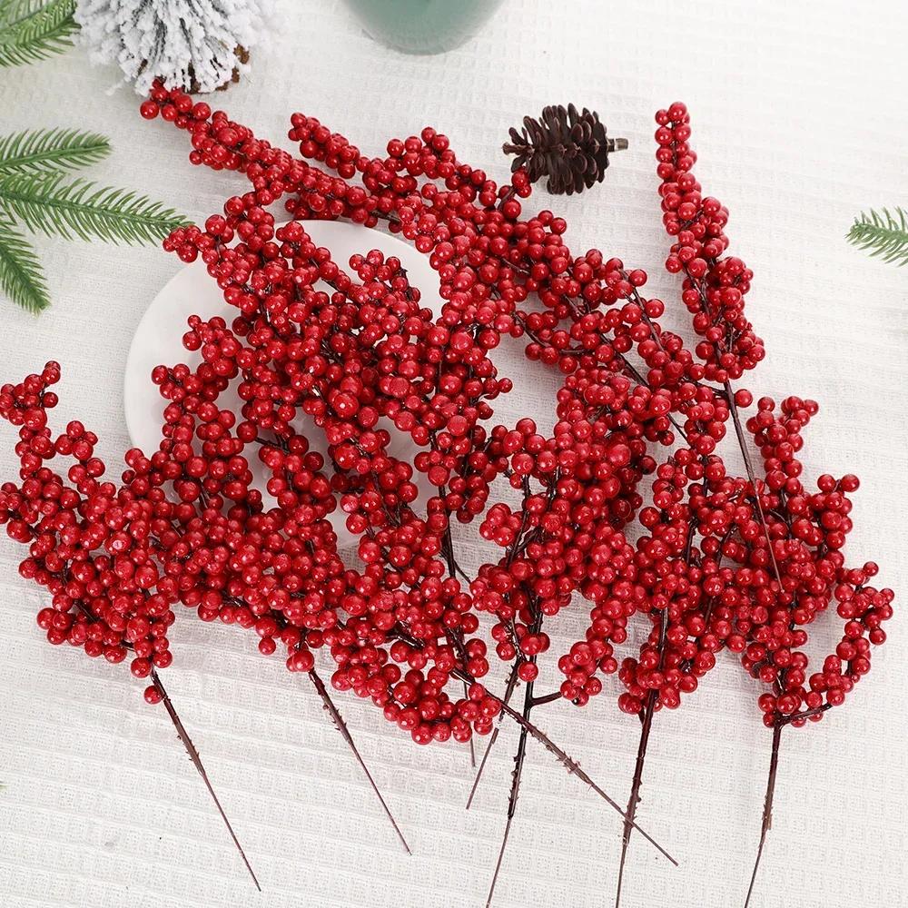 1/20 Branches Artificial Berries Flowers Bouquet Christmas Red Holly Berry Stamen Plants DIY Xmas Tree Wreath Party Home Decor