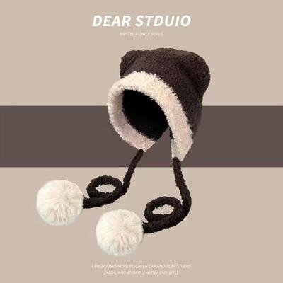 Niedliche farblich passende Teddy-Samt-Bärenohren-Riemen Damen Winter warme Ohrenschützer Strickwollmütze
