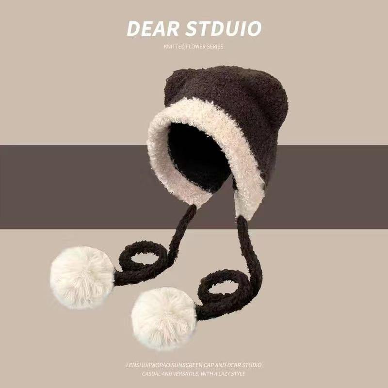 Cute color matching teddy velvet bear ears straps women's winter warm ear protectors knitted wool hat