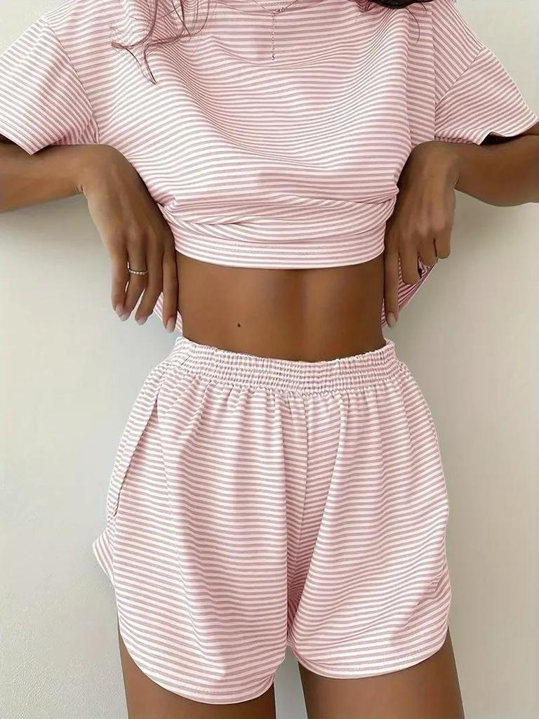 2026 Summer Women's Casual Two-Piece Set: Solid Color, Short-Sleeve Top & Elastic Waist Shorts