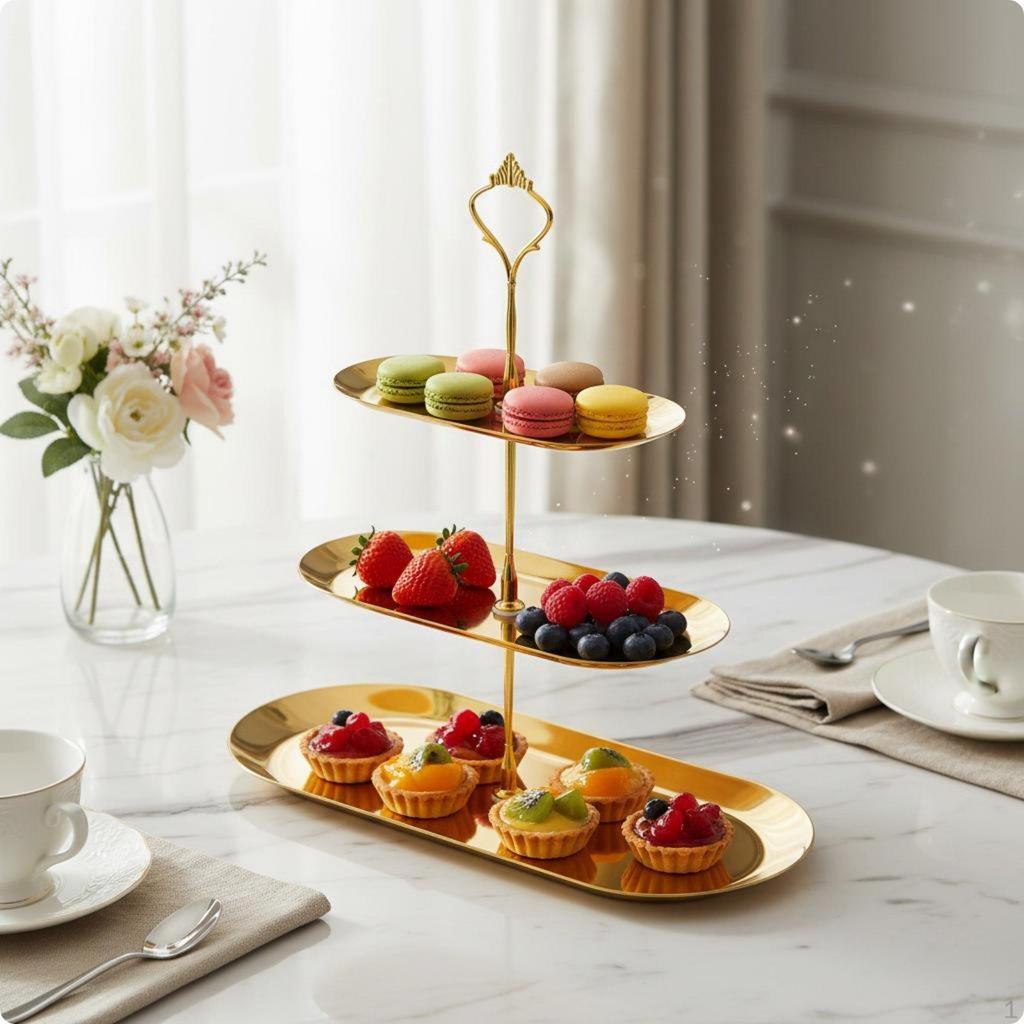 3 Tier Dessert Stand Metal Frame Oval Serving Sturdy Design Stainless Steel Tray for
