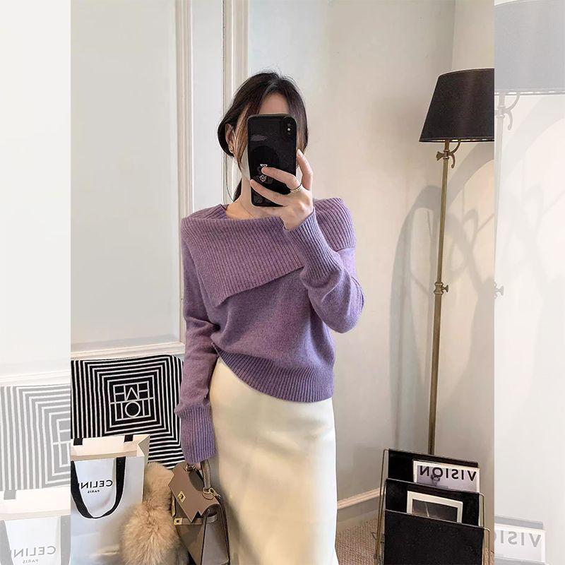 2024 Autumn/Winter French Knitwear: Women's Korean Fashion One-Shoulder Clavicle Lapel Base Shirt