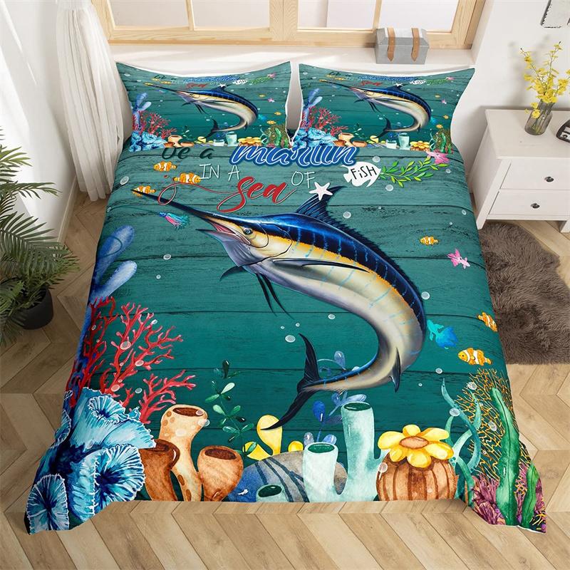 Dolphin Duvet Cover Nautical Sea Animal Bedding Set Underwater World Fish Sealife Quilt Cover Coral Reef Seaweed Queen Bed Set