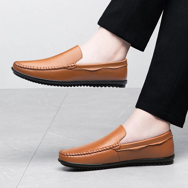 Men's Genuine Leather Loafers Slip-On Comfortable Flat Casual Breathable Soft Sole Shoes Non-Slip Lightweight Men Walking Shoes