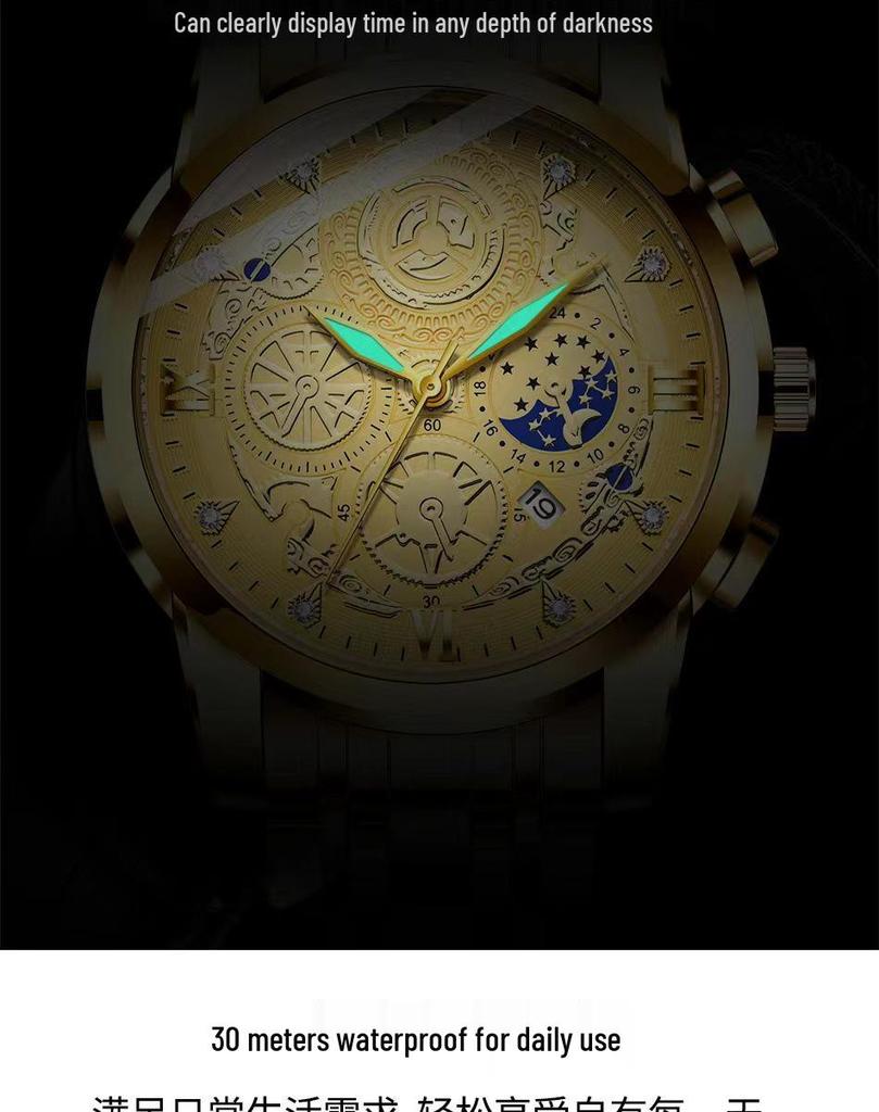 Tycoon Gold Men's Waterproof Diamond-Set Luminous Date Watch
