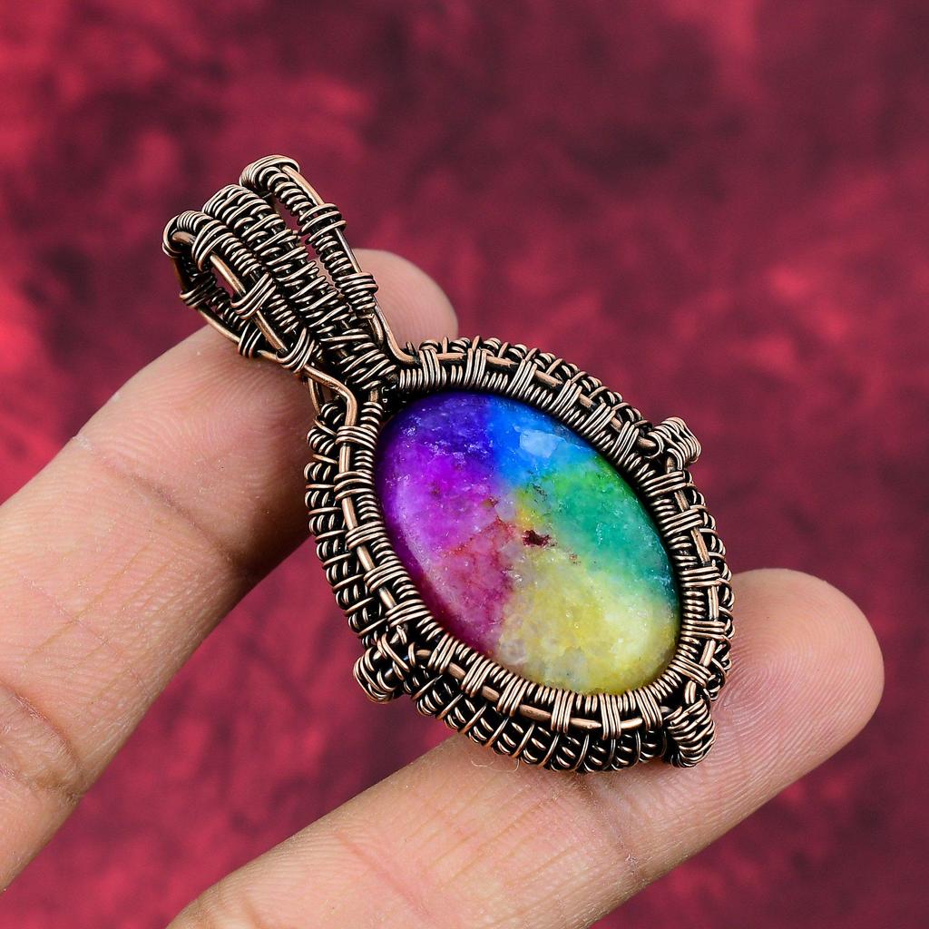 Rainbow Solar Quartz Druzy Pendant Copper Wire Wrapped Pendant Handmade Copper Jewelry Gemstone Pendant Wire Weaving Jewelry Gift For Mother