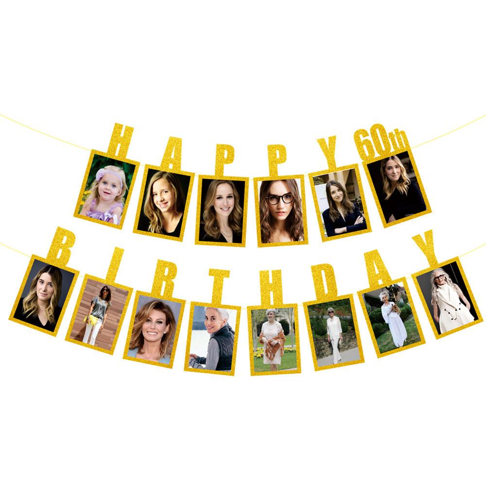 Birthday Golden 60th Photo Commemorate Banner Celebration Event Props Decoration