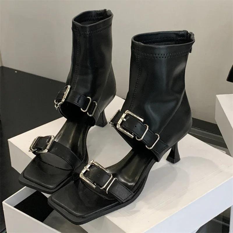 Eilyken Fashion Square Toe Women Ankle Boot Sandals Design Style  Narrow Band Buckle Strap Zipper Thin Heels Shoes