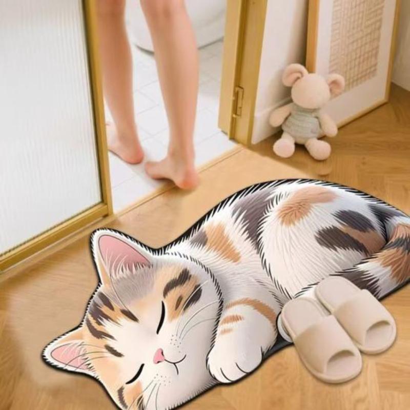 Floor Mat Non-Slip Backing Cat Design Easy Maintenance Versatile Rug Living Room Bathroom Kitchen Home Decor