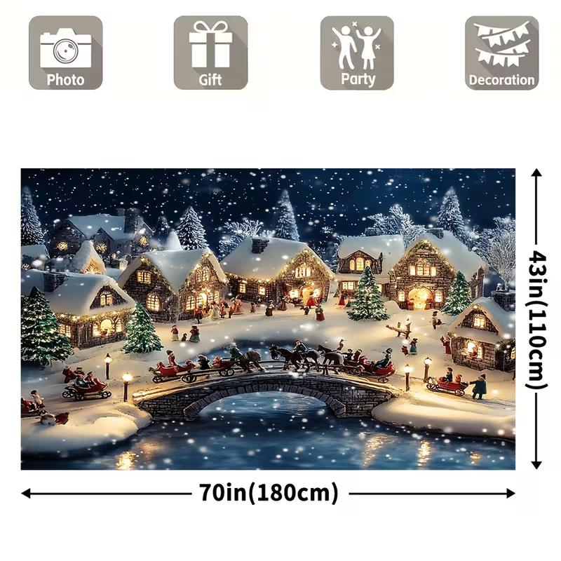 2D verschneite Weihnachtsdorf Kulisse, beleuchtetes Winterstädtchen mit Schlitten und Brücken-Party Hintergrundtuch
