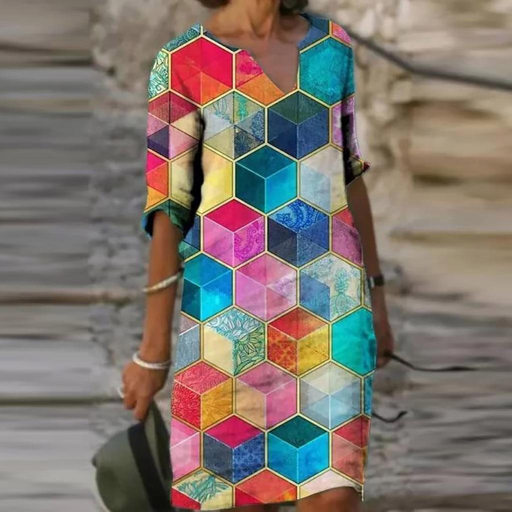 Women Summer V-neck Folk-custom Plus Size Print Loose Mid-sleeve Dress