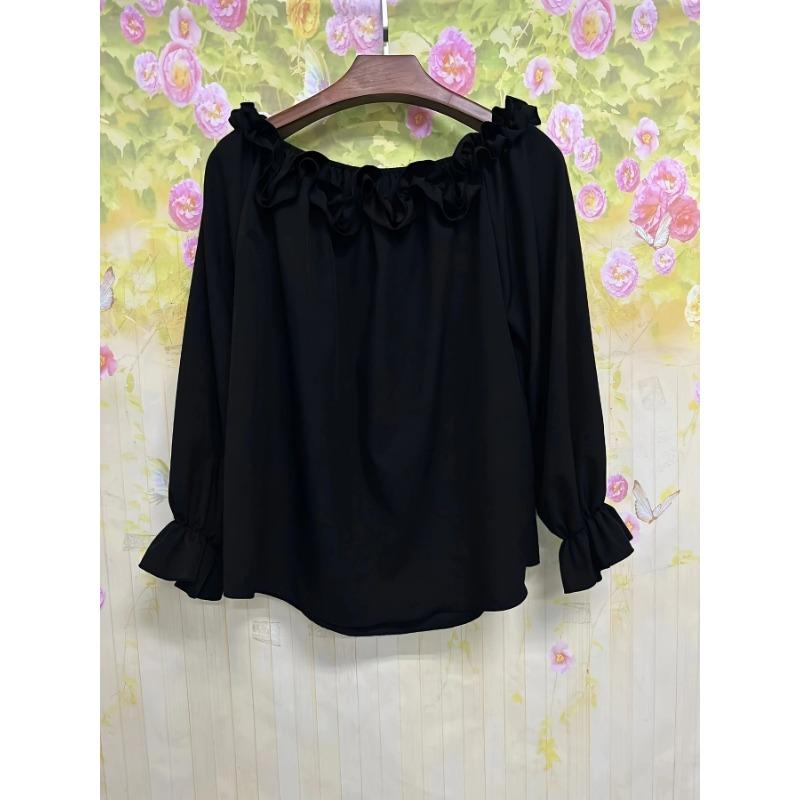 Elegant Fashion Casual Off-the-shoulder Women Blouse Long Sleeved Loose Simple Ruffled Shirt Office Ladies Tops Solid Color Tops