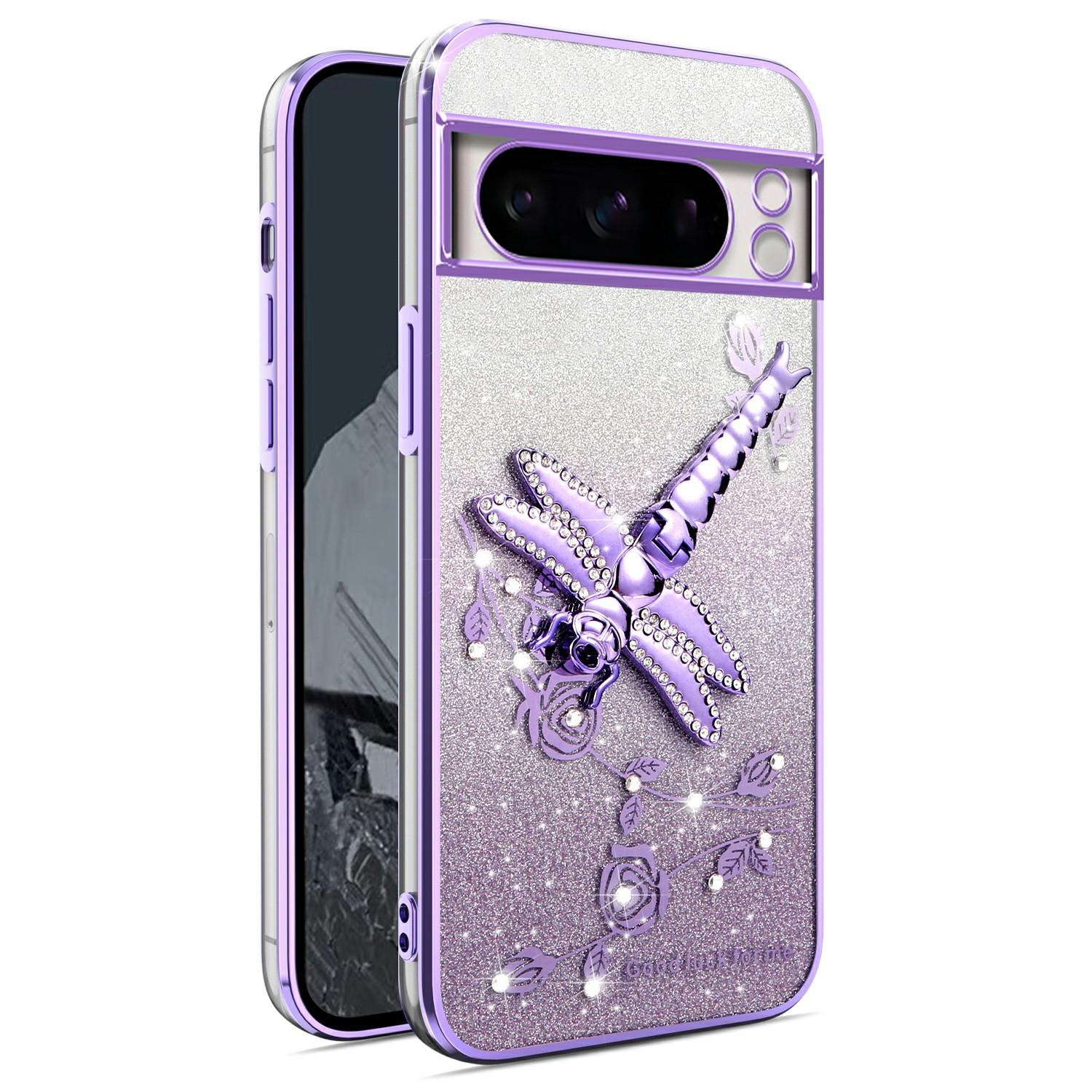 

KADEM For Google Pixel 8 Pro Case Dragonfly Kickstand TPU Flowers Glitter Phone Cover B