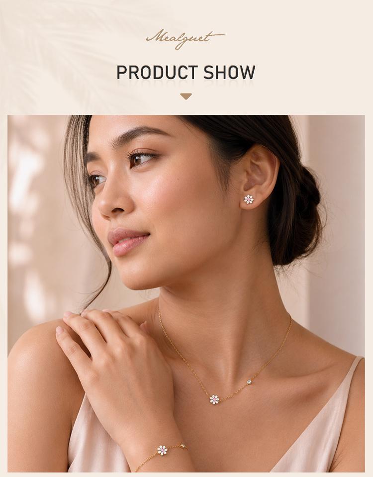 Minimalist Enamel Daisy Flower Bracelet, 18K Gold Plated Stainless Steel, Waterproof Dainty CZ Charm Jewelry Gift