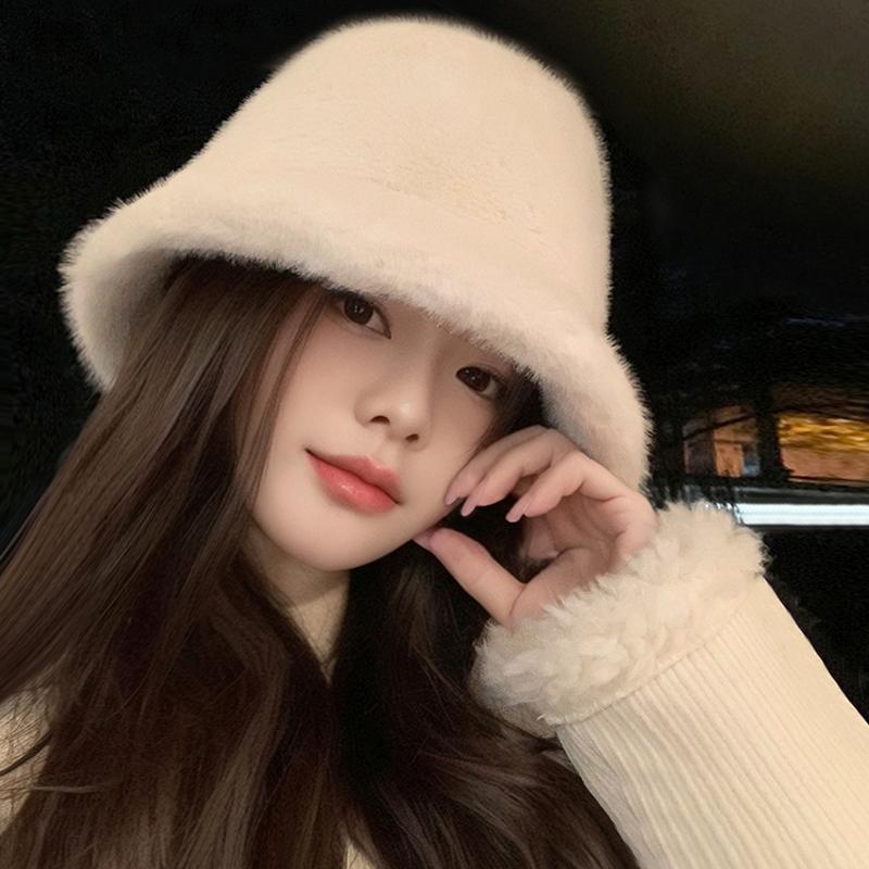 Imitation Mink Mink Hair Bucket Hat Female Autumn and Winter Warm White Plush Bucket Hat Female Winter Washbasin Hat