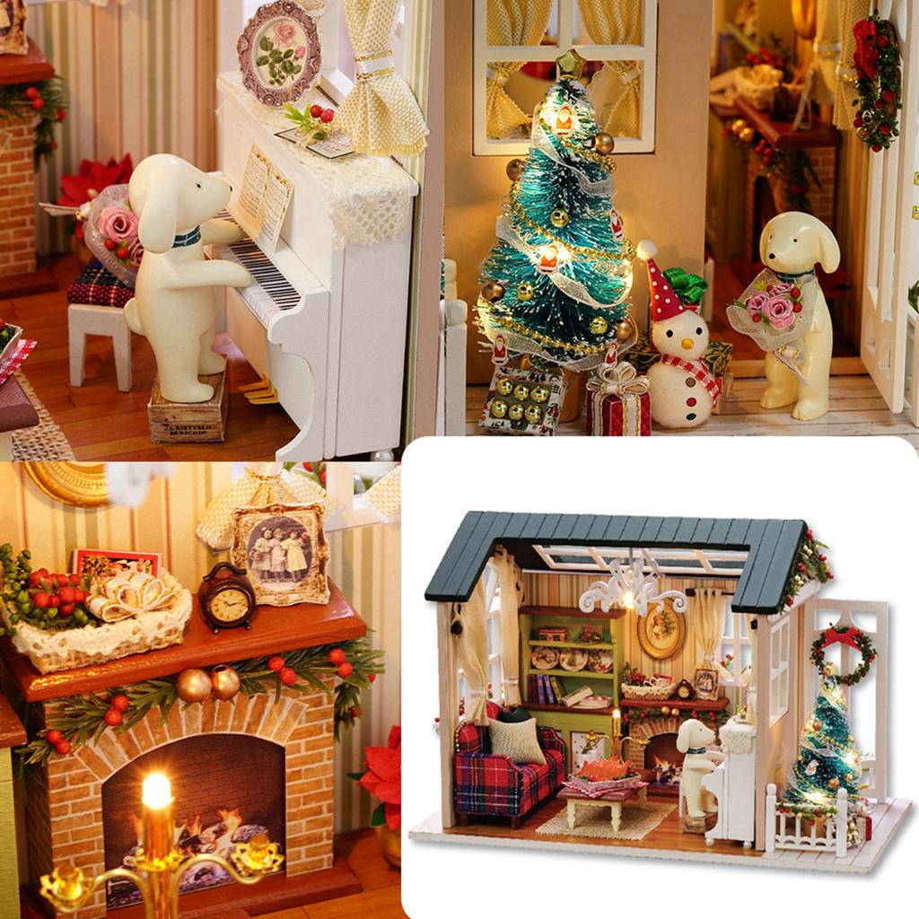 Miniature Wooden House Model with LED Light, Retro   Furniture Handcraft Kit for Developing