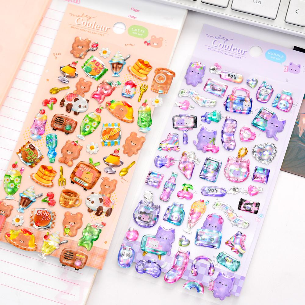 3 Pcs/6pcs Colorful Sweet Candy Pets Cartoon Crystal Stickers Scrapbooking Diy Journal Cute Sticker Stationery Decor School Gift