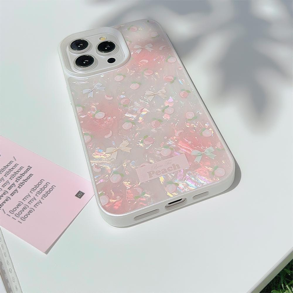Luxusní Pearl White Shell Pattern kryt na telefon pro iPhone 15 14 13 12 11 Pro Max Plus Peach Pink Knot Bumper Cover