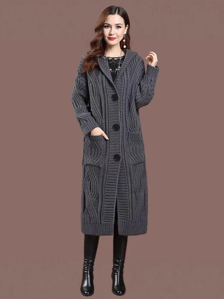Women's Long Hooded Knit Cardigan - Thick, Over-Knee, Loose Fit Sweater Coat, Solid Color Shawl Design