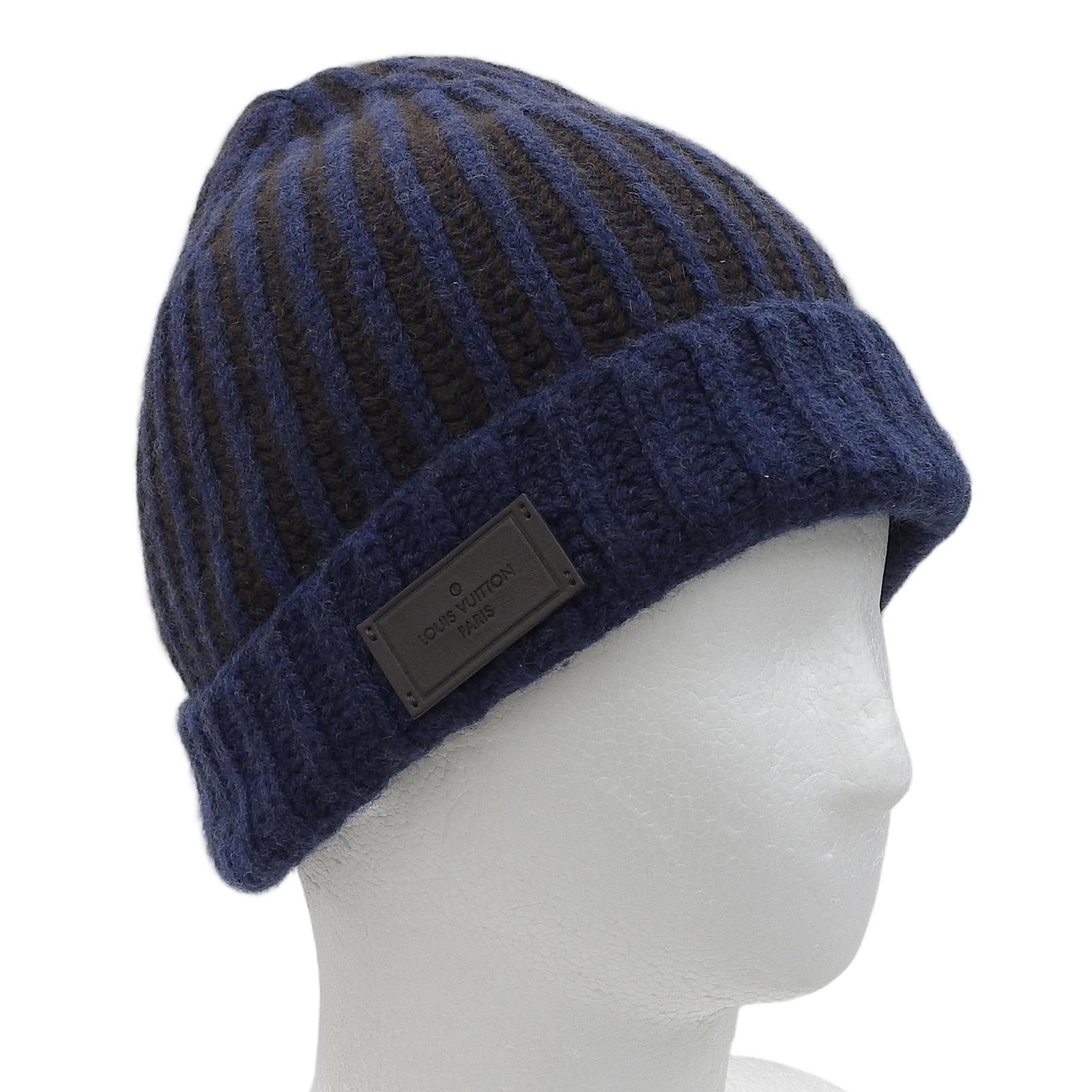 Great LOUIS VUITTON Knit cap Leather logo patch Navy cashmere mens MP1368 Used