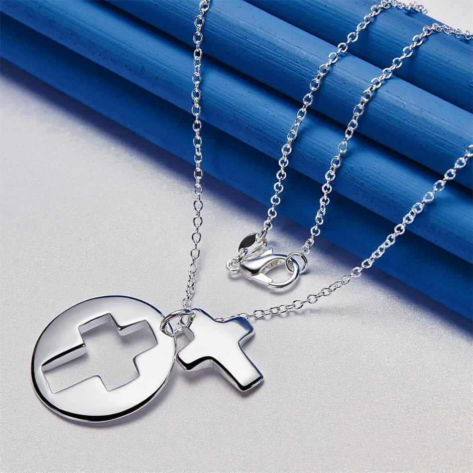 925 Sterling Silver 16-30 Inch Exquisite Round Cross Pendant Necklace, Women's Charm, Wedding Jewelry Accessories, Gifts