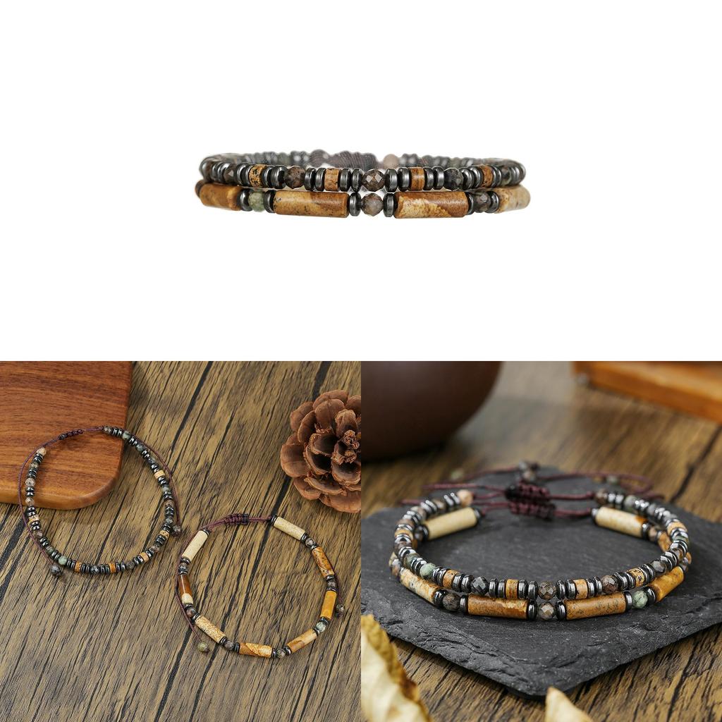 Vintage Black Onyx Beaded Bracelet Set Gift For Men And Women With Geometric Design