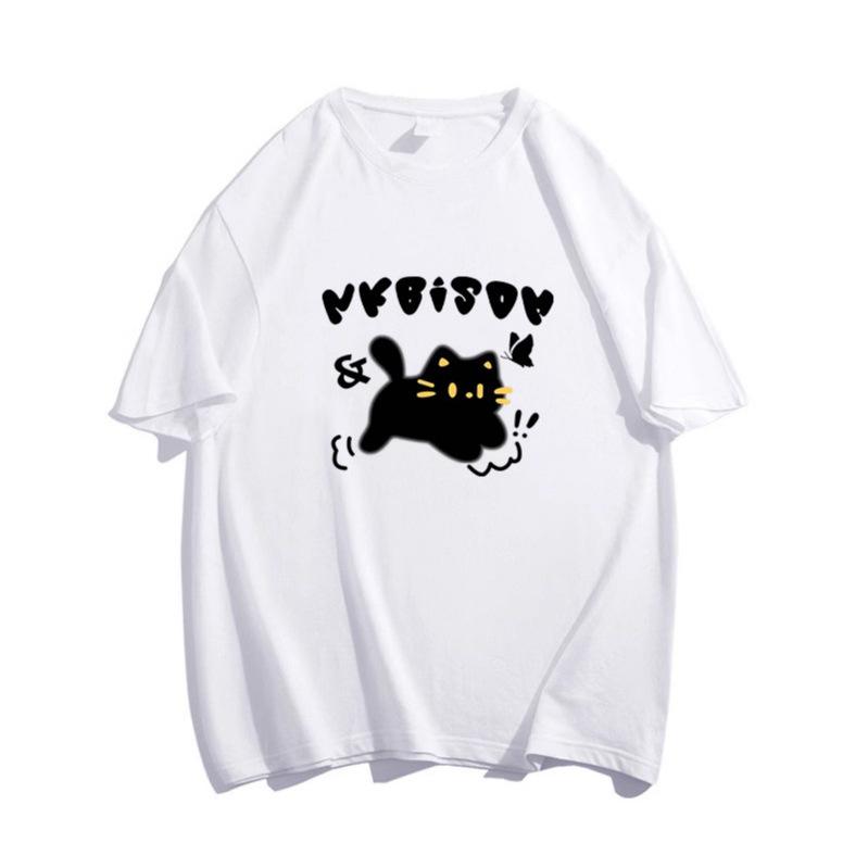 American Retro Design Kitten Print Short-sleeved T-shirt Pure Cotton Spring and Summer Loose Large Version Couple Men's and Women's Tops