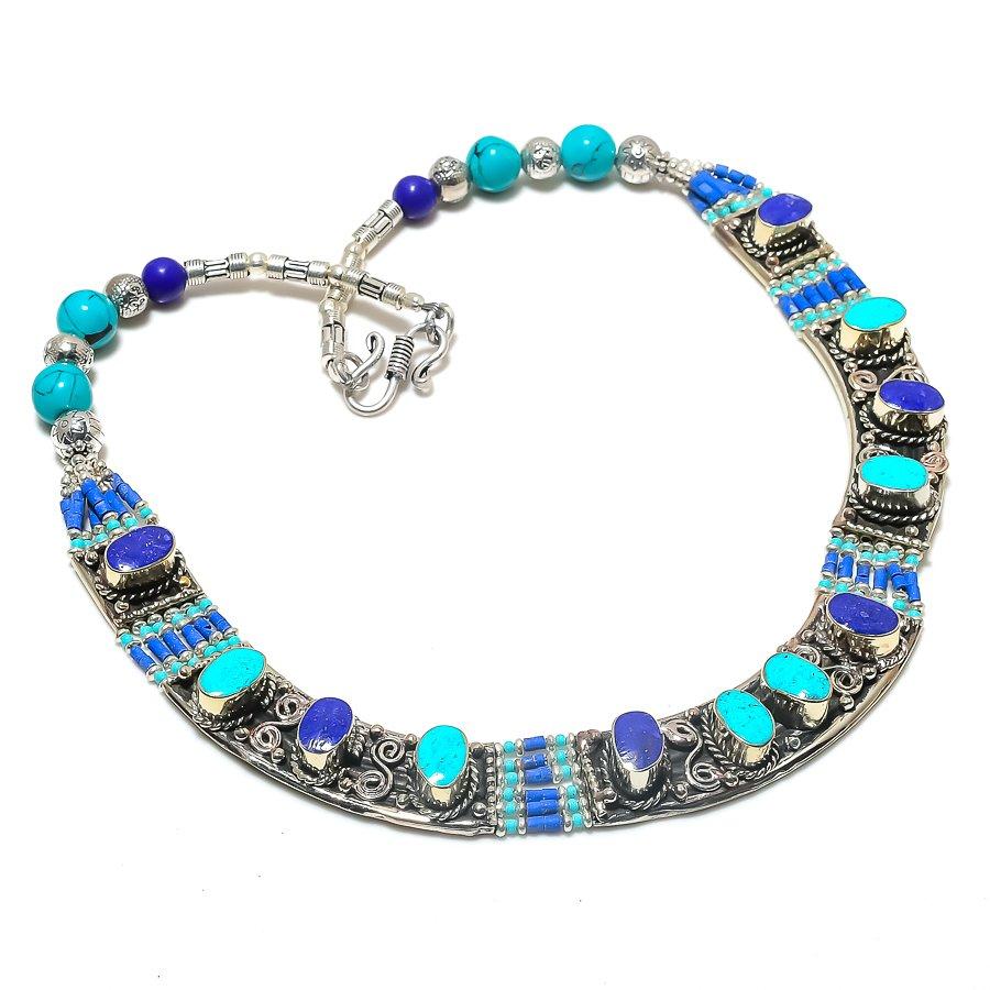 

Natural Lapis Lazuli, Turquoise 925 Sterling Silver Jewelry Necklace 18 g2C16