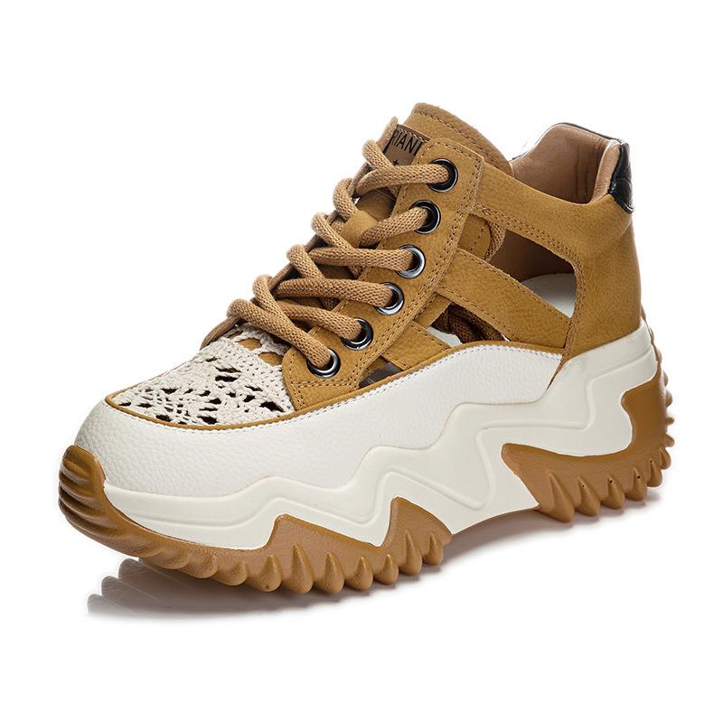 Inner height daddy shoes women's new summer breathable leather hollow casual sneakers platform sandals