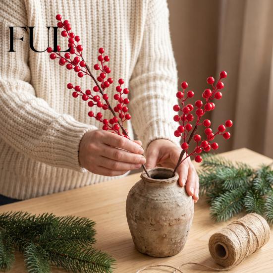 Artificial Holly Berry Branches Red Stems, Christmas Picks for Tree Decor, Realistic Stems Faux Winter Floral Decor Wreath Vase Indoor Home