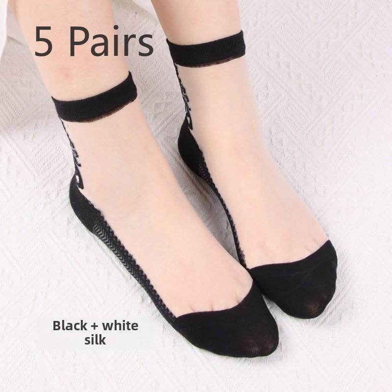 

5 пар женских прозрачных носков на весну и лето, прозрачные женские чулки Wave, женские носки Glass Silk Crystal Silk 5 Pairs чёрный/белый
