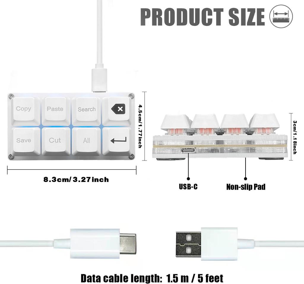 BTXETUEL Copy Paste Search Backspace Save Cut All Input 8 Key Keyboard SayoDevice OSU Keypad Programmable Mechanical Shortcut Macro Keyboard for Work