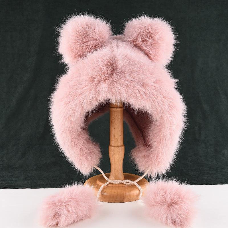 Niedliche Bärenohren Mütze Damen Herbst und Winter mit warmer Plüschmütze Weißer Ohrenschutz Pelzmütze Lei Feng