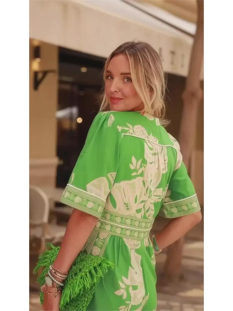 2024 Spring Women's V-Neck Short-Sleeve Printed Jumpsuit