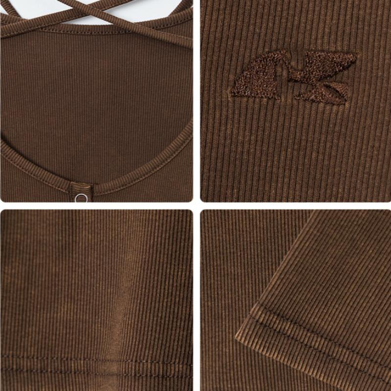 Spring Women's New Spice Girl Style Solid Color Embroidered Strap Long Sleeve Low-neckline T-shirt