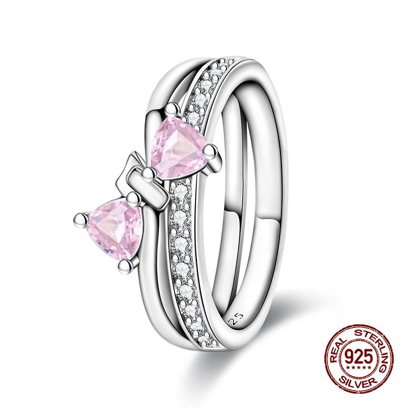 New Valentines Day Rings Sweet Pink Zircon Princess Bows Size 79 Ideal For Women copper Ring Romantic Fine Jewellery Birthday Gift