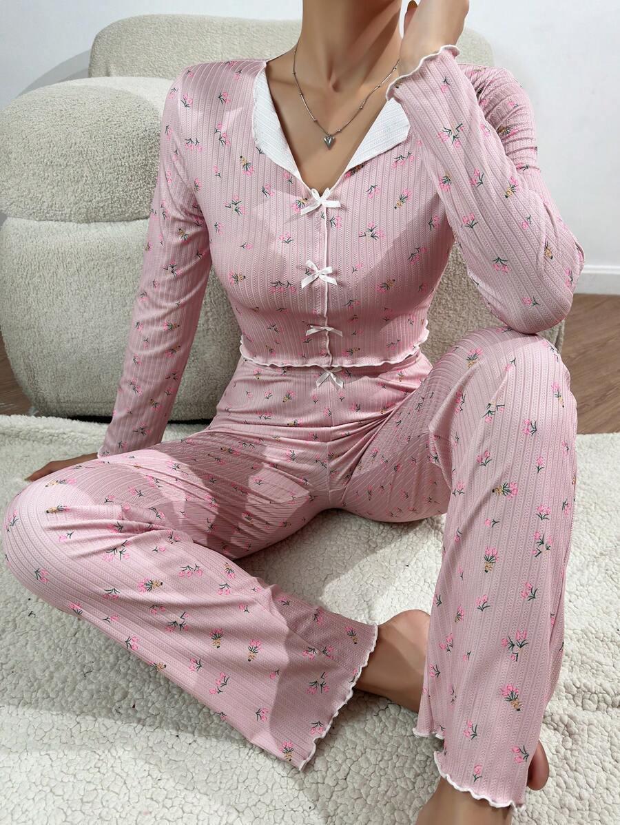 Women s Bow Tie Lapel Long-Sleeve Pajama Set with Rolled Edge Long Pants Large