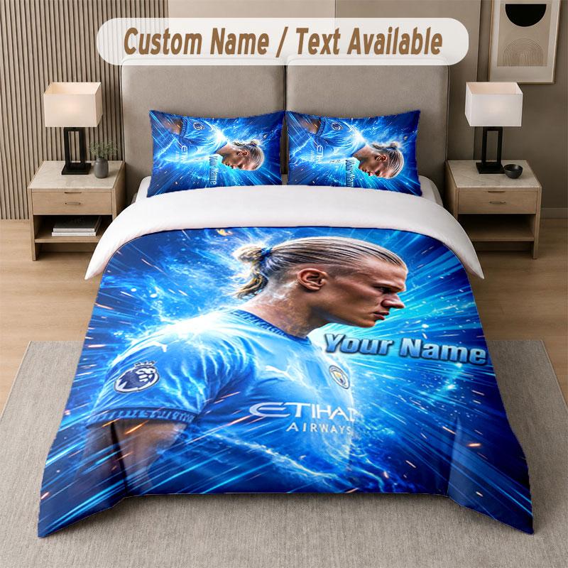 Custom Bedding Set Erling Haaland Pattern, Print Name Text 1 Duvet Cover Plus 2 Pillowcases Home Textile