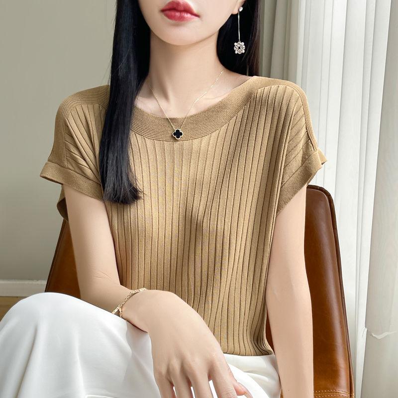 Fashion Slash Neck Women Sweater Ice Silk Spring Summer Knitted Sweater Loose Casual Korean Shirts Short Sleeve Knitwears