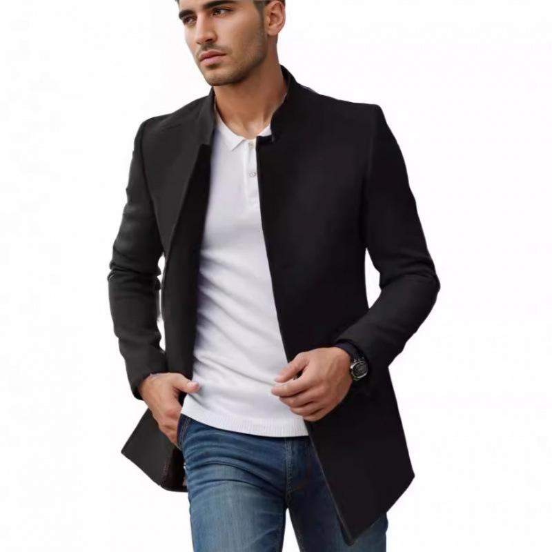 European Size Men's Spring/Fall Slim Fit Woolen Coat - Solid Color Youth Suit